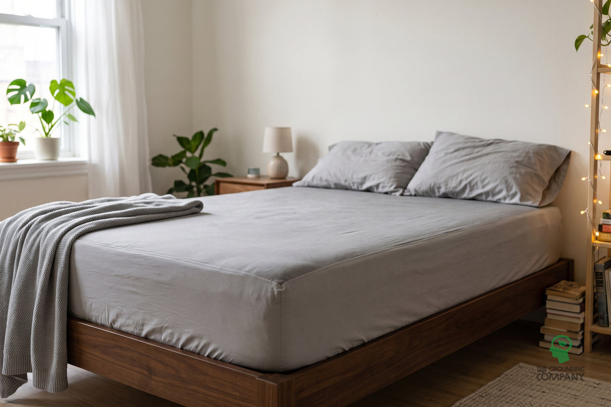 Fitted sheet made up on a bed in a plant-filled bedroom