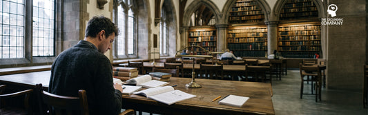 Open books and loose papers on a long table in a panelled library reading room.