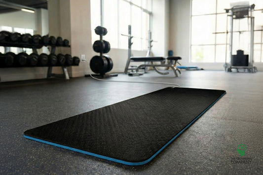 Grounding Yoga & Fitness Mat déroulé sur le sol d'une salle de sport, cordon branché sur une prise murale
