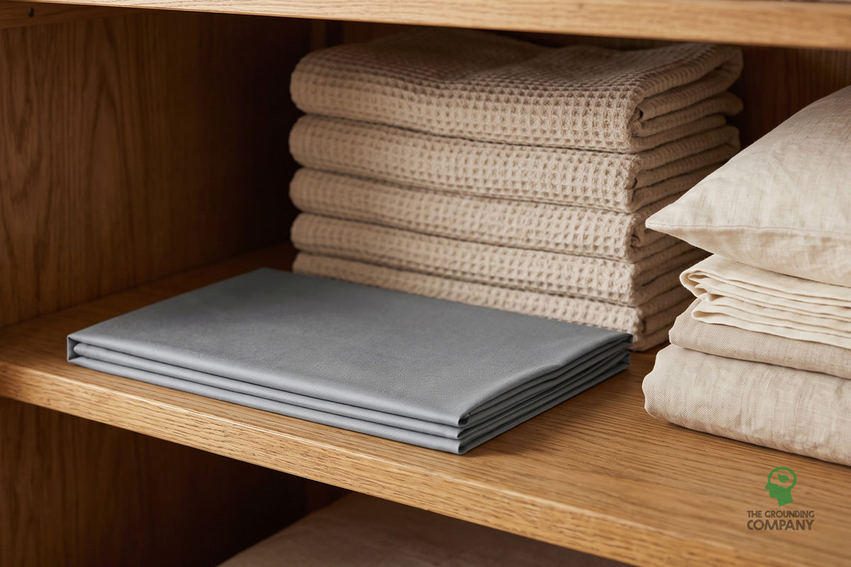 The folded grey Grounding Half Sheet stored on a wooden linen shelf alongside neutral-toned towels and pillowcases.