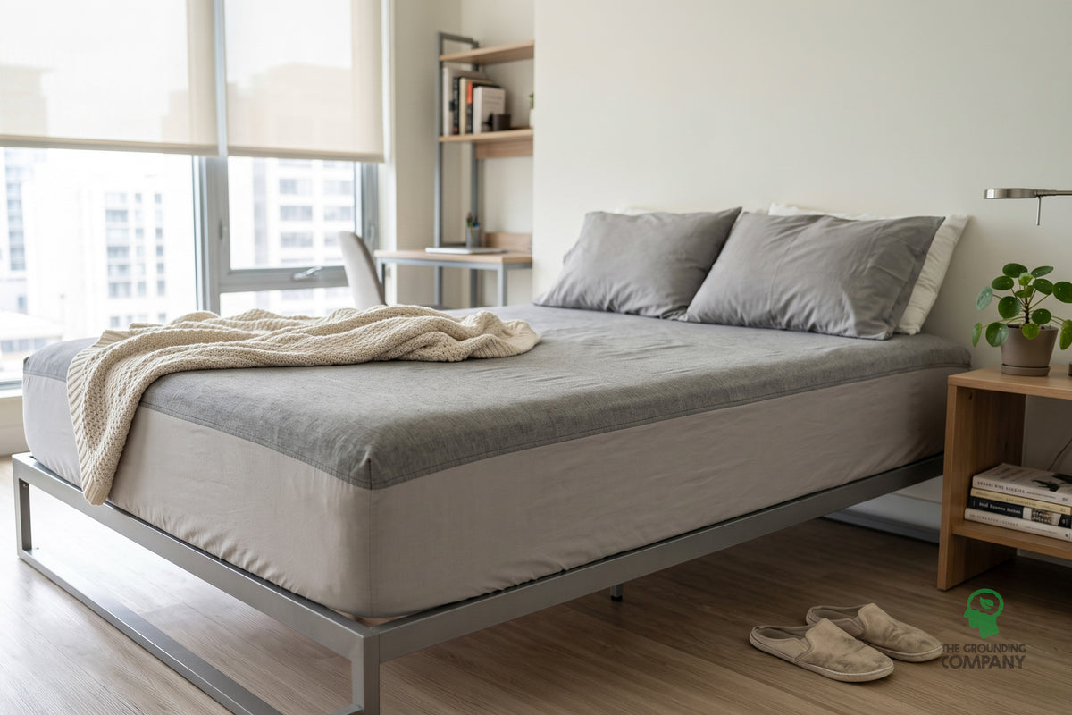 Fitted sheet on a bed, showing the grey top panel and lighter cotton side panel