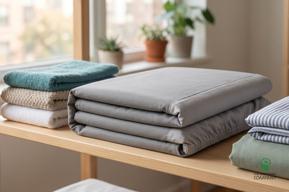 Folded fitted sheet on a wooden shelf beside other linens
