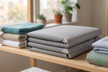 Folded fitted sheet on a wooden shelf beside other linens