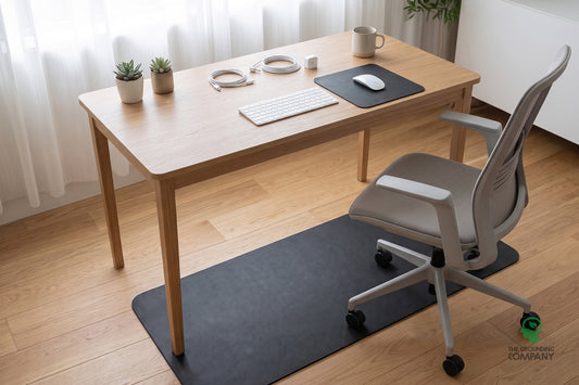 Grounding Desk & Mouse Mat Set disposé avec ses cordons et son tapis de souris sur un bureau en bois