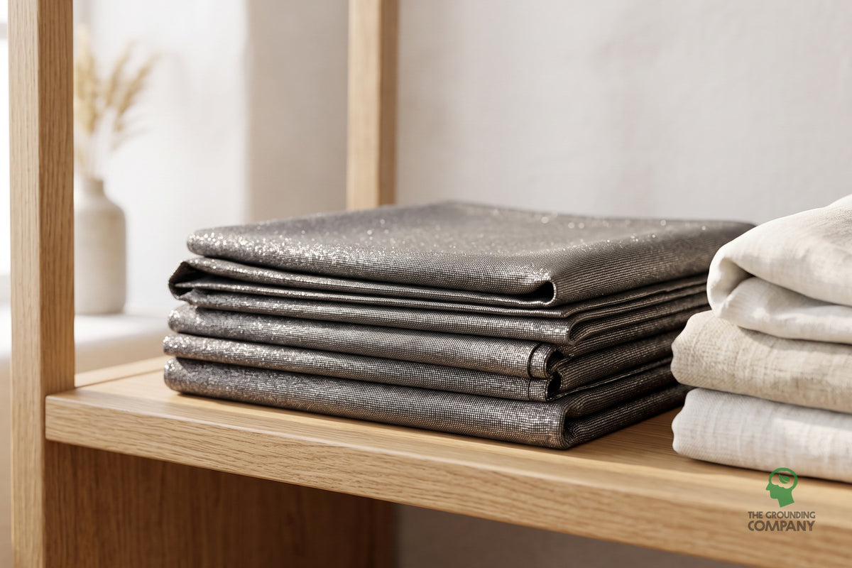 Tissu argenté plié sur une étagère en bois, à côté de linge de lit en lin