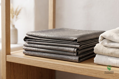 Tissu argenté plié sur une étagère en bois, à côté de linge de lit en lin
