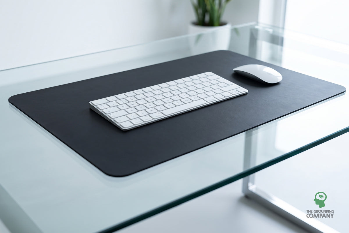 Grounding PU Foot Mat on a glass desk with a keyboard and mouse resting on it