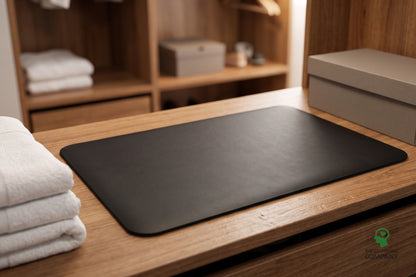 Grounding PU Foot Mat lying flat on a wooden shelf near folded towels
