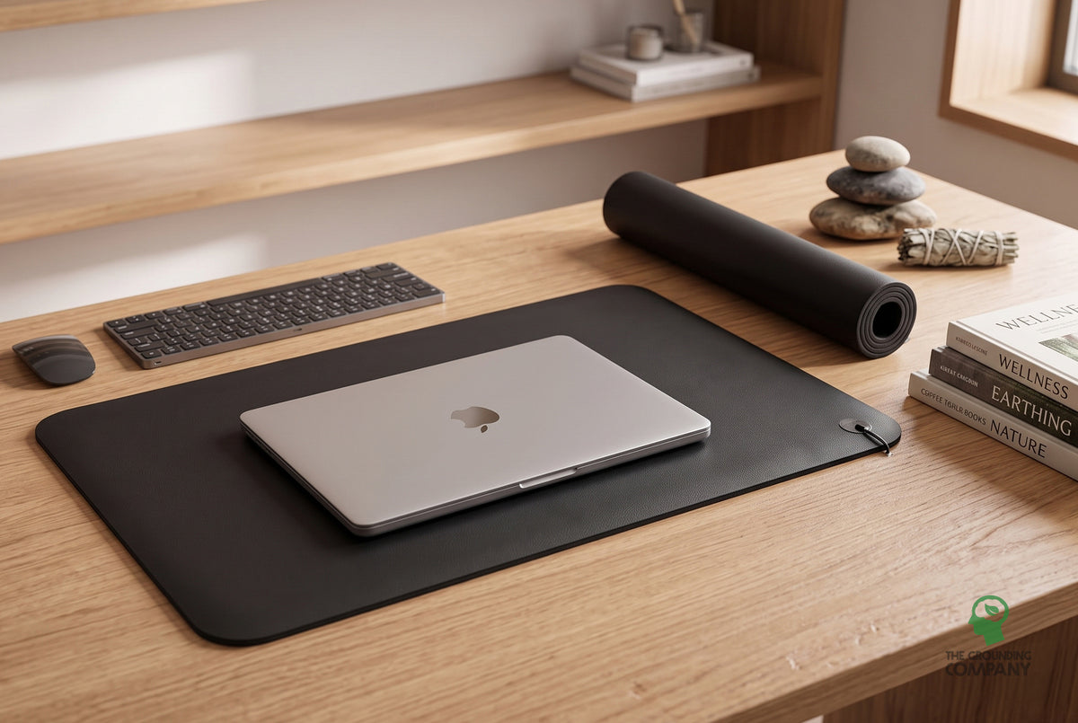 Grounding Desk & Standing Mat on a wooden desk with a laptop, keyboard, and mouse resting on it
