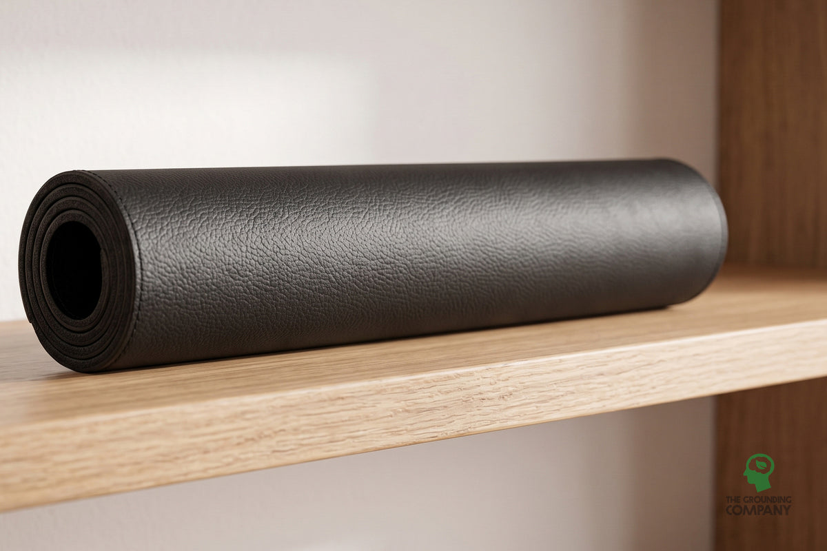 Grounding Desk & Standing Mat rolled up on a wooden shelf
