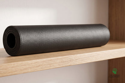Grounding Desk & Standing Mat rolled up on a wooden shelf