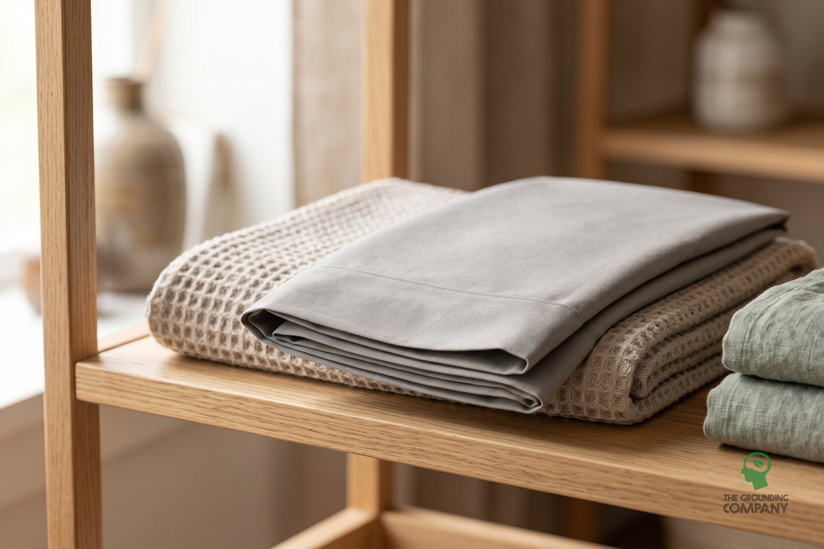 Folded pillowcase on a wooden shelf beside other linens