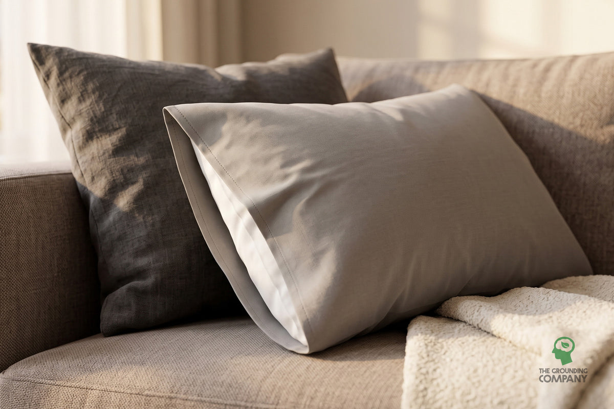 Pillowcase on a couch cushion among other pillows and a throw