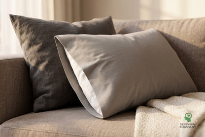 Pillowcase on a couch cushion among other pillows and a throw